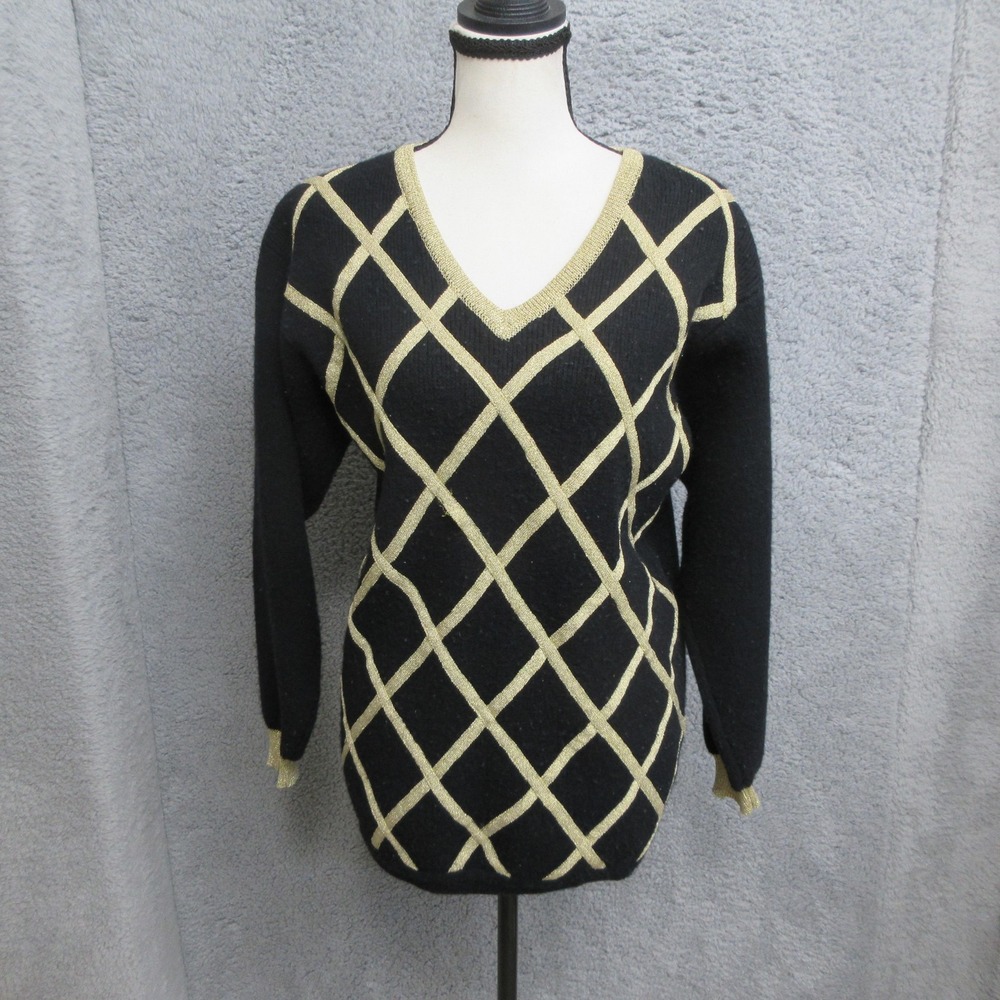 Vtg Westbound Lambswool Sweater Women S Black Gold Argyle Metallic Retro Glam
